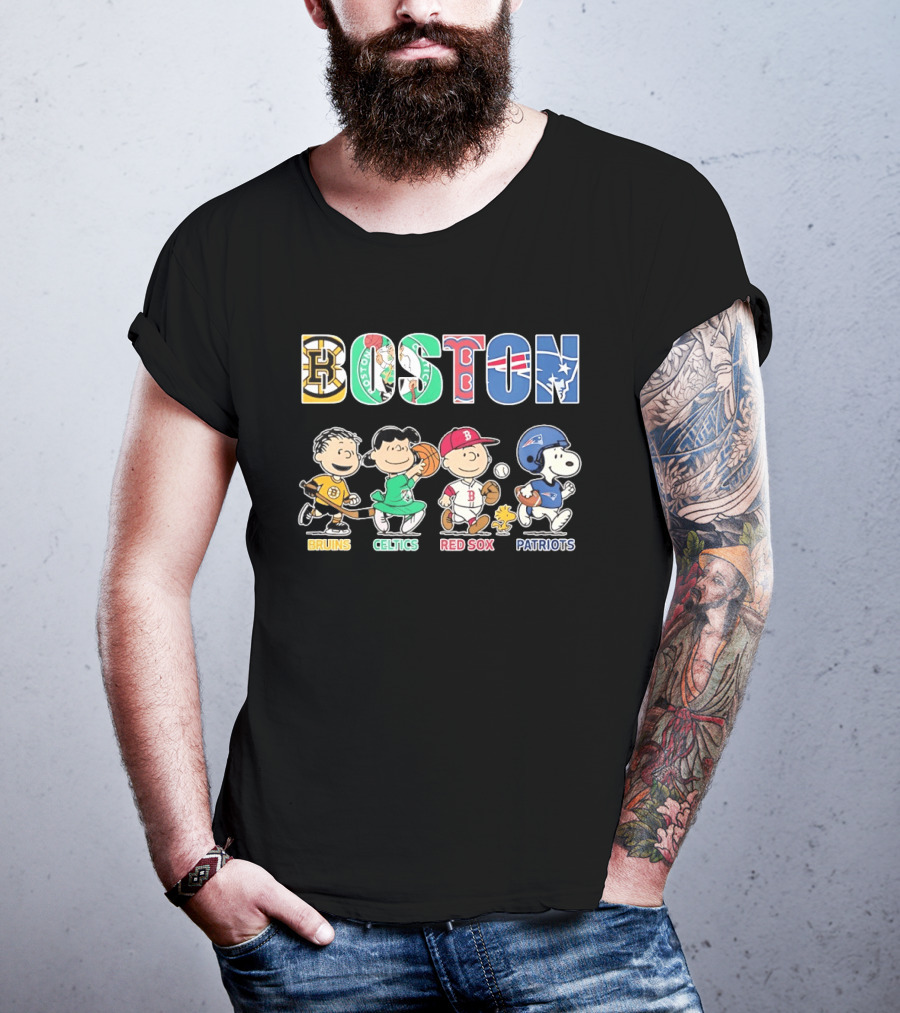 Peanuts Characters In Boston Bruins Celtics Red Sox Patriots Team T-Shirt