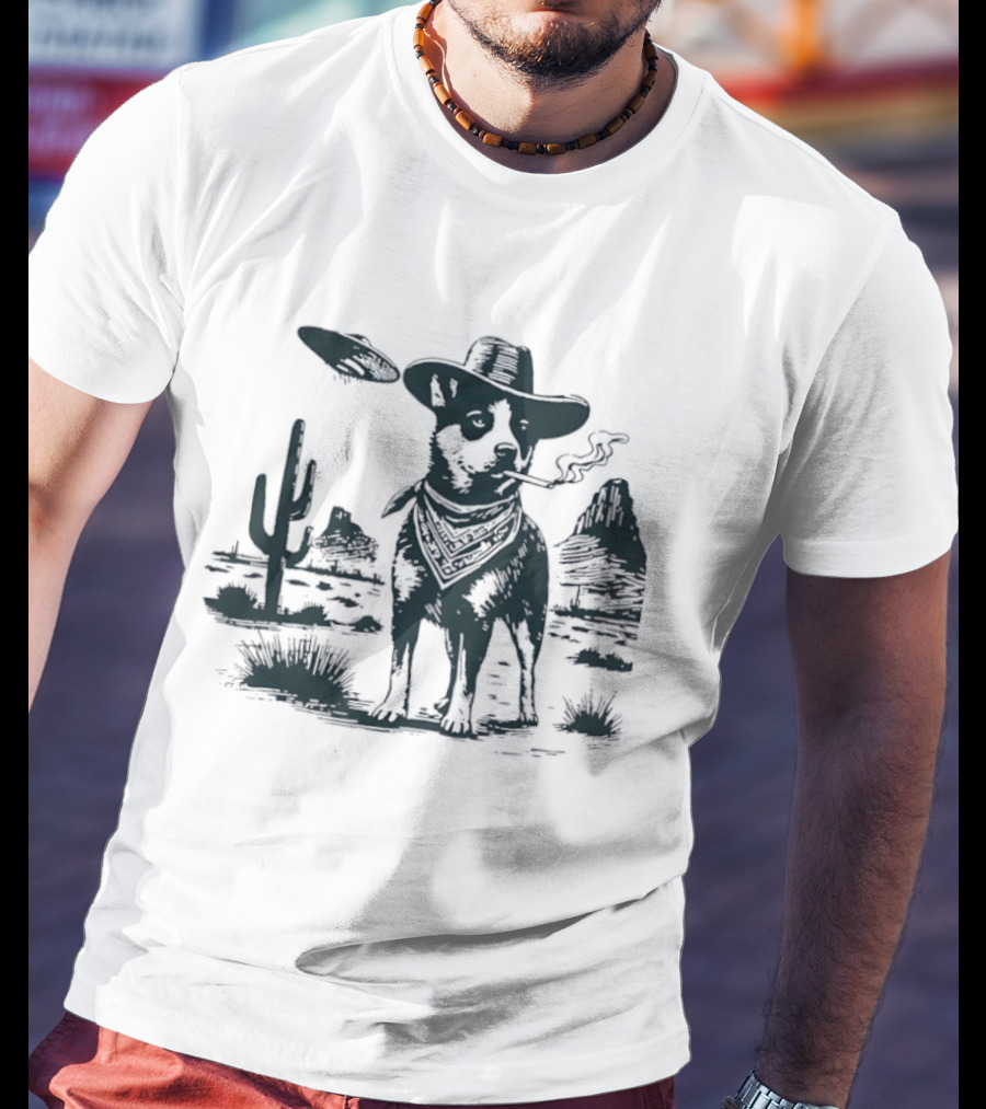 Australian Cattle Dog Smoking With UFO And Western Cowboy Desert Scene T-Shirt