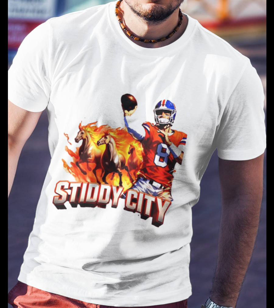 Denver Broncos Stiddy City Quarterback And Horses In Flames T-Shirt