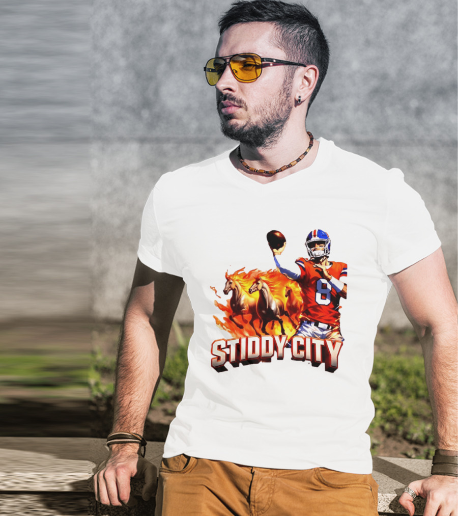 Denver Broncos Stiddy City Quarterback And Horses In Flames T-Shirt