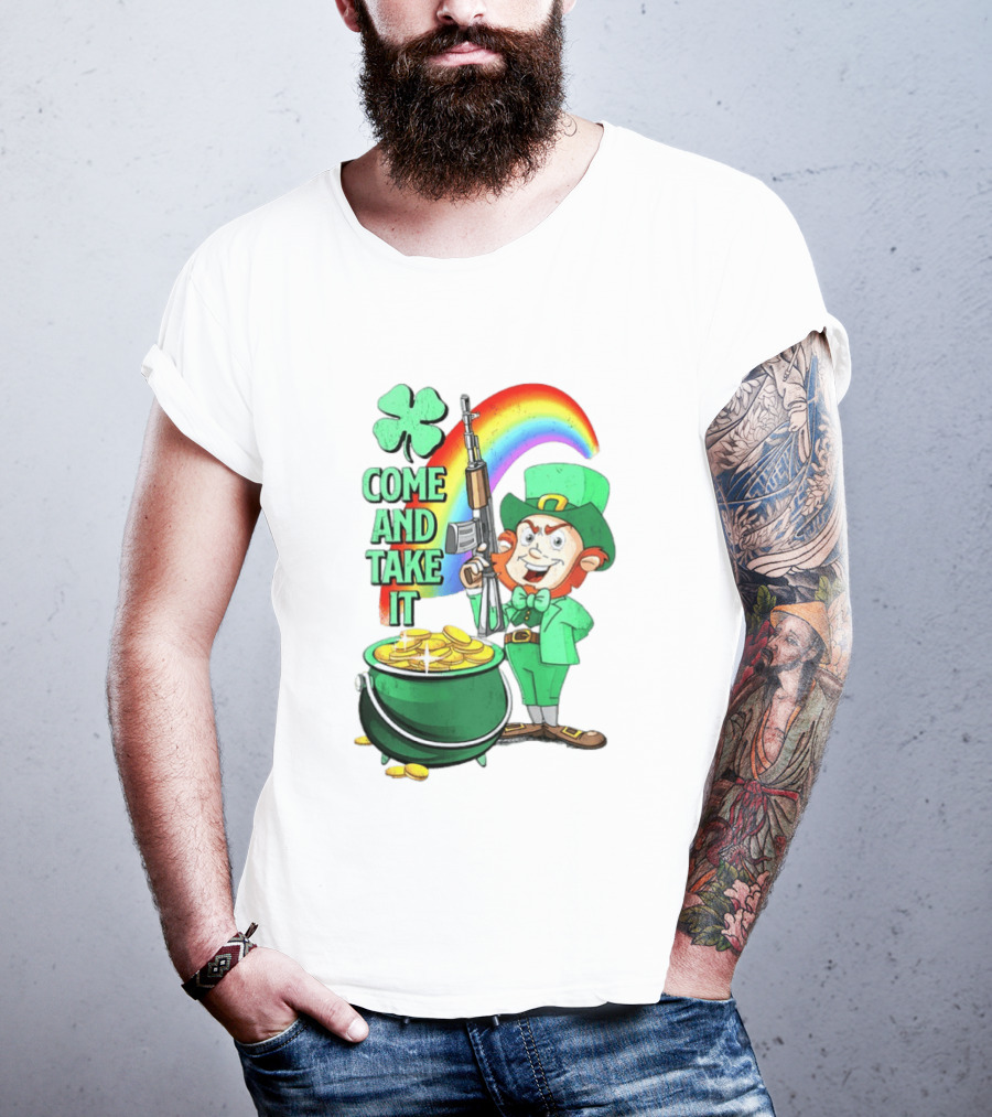 St Patrick Leprechaun Rifle Rainbow Pot Of Gold Come And Take It T-Shirt