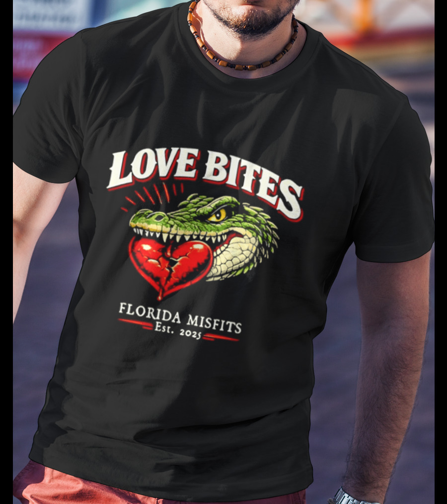 Love Bites Crocodile Broken Heart Florida Misfits Est 2025 T-Shirt
