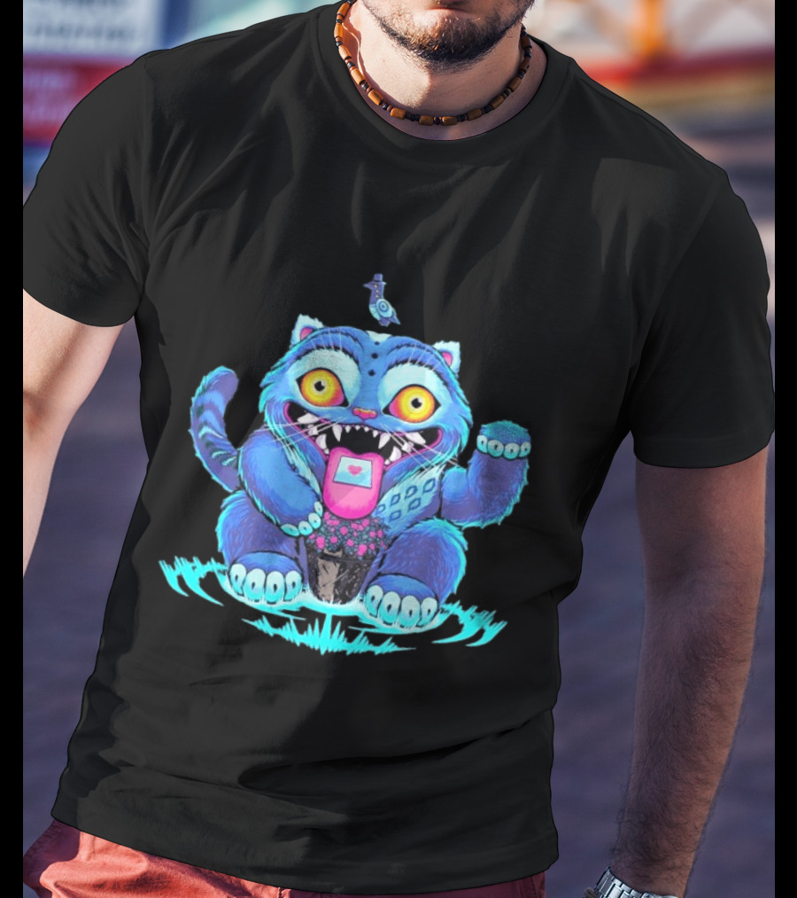 Lucky Derpy Cheshire Cat Maneki Neko Fusion Vibrant Blue T-Shirt
