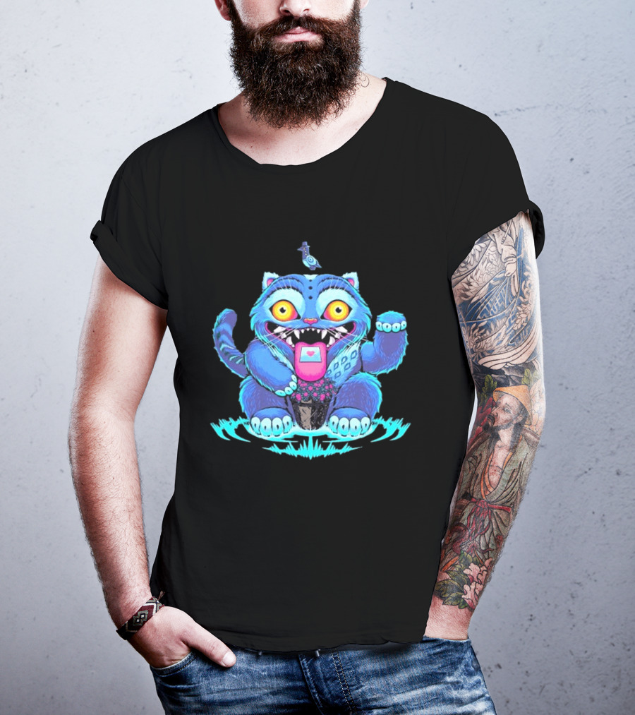 Lucky Derpy Cheshire Cat Maneki Neko Fusion Vibrant Blue T-Shirt