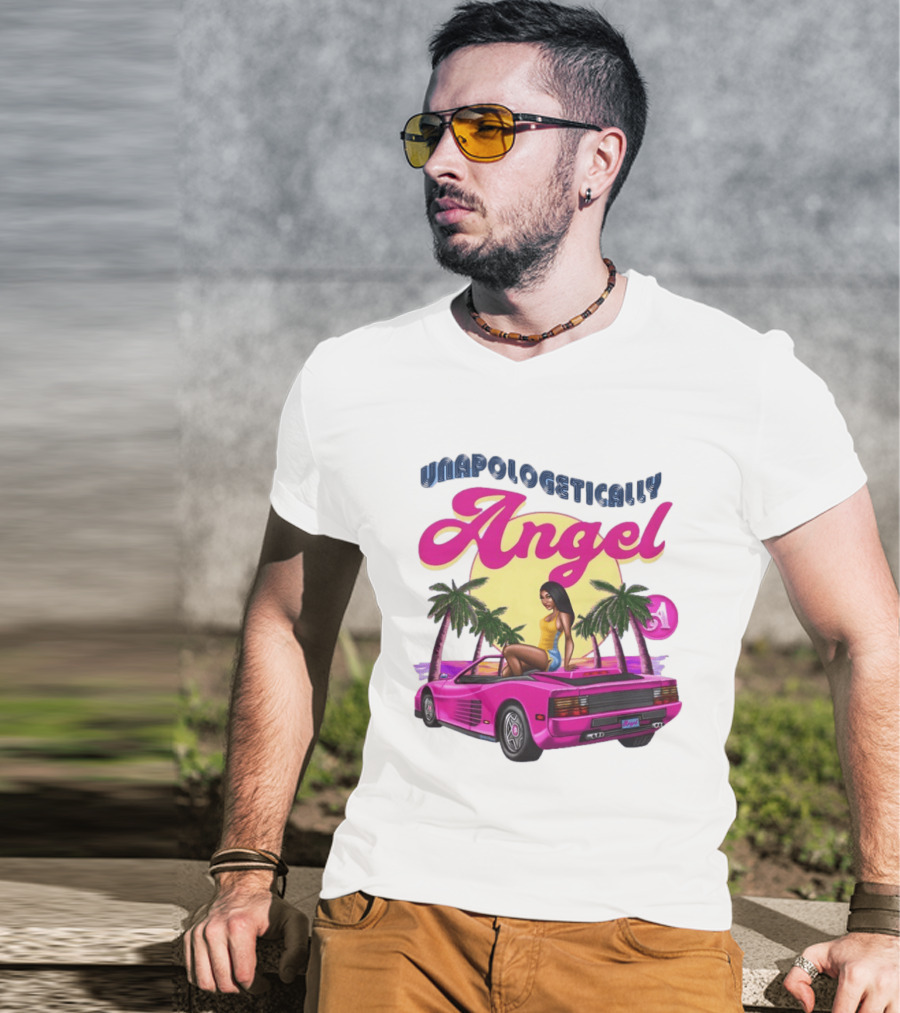 Unapologetically Angel Paradise Sunset With Pink Car And Palm Trees T-Shirt