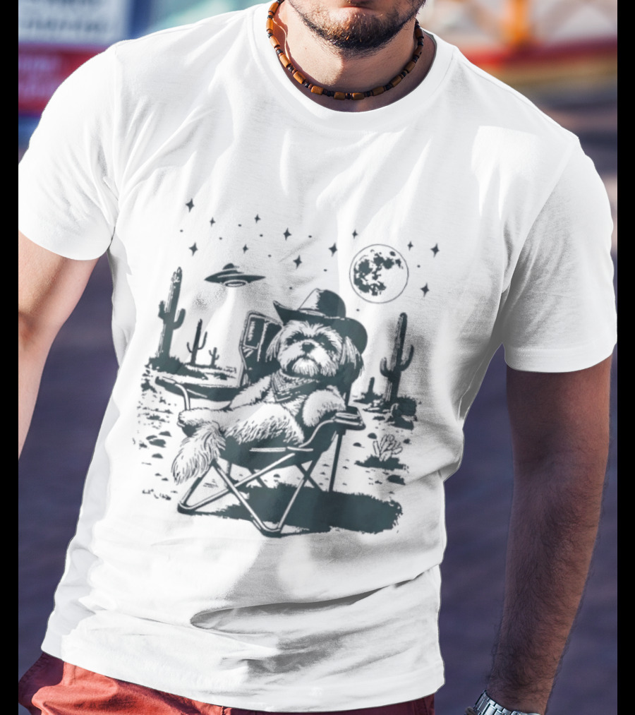 Shih Tzu Cowboys UFO Western Desert Scene Cactus Moon Stars T-Shirt