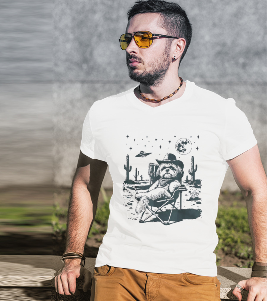 Shih Tzu Cowboys UFO Western Desert Scene Cactus Moon Stars T-Shirt