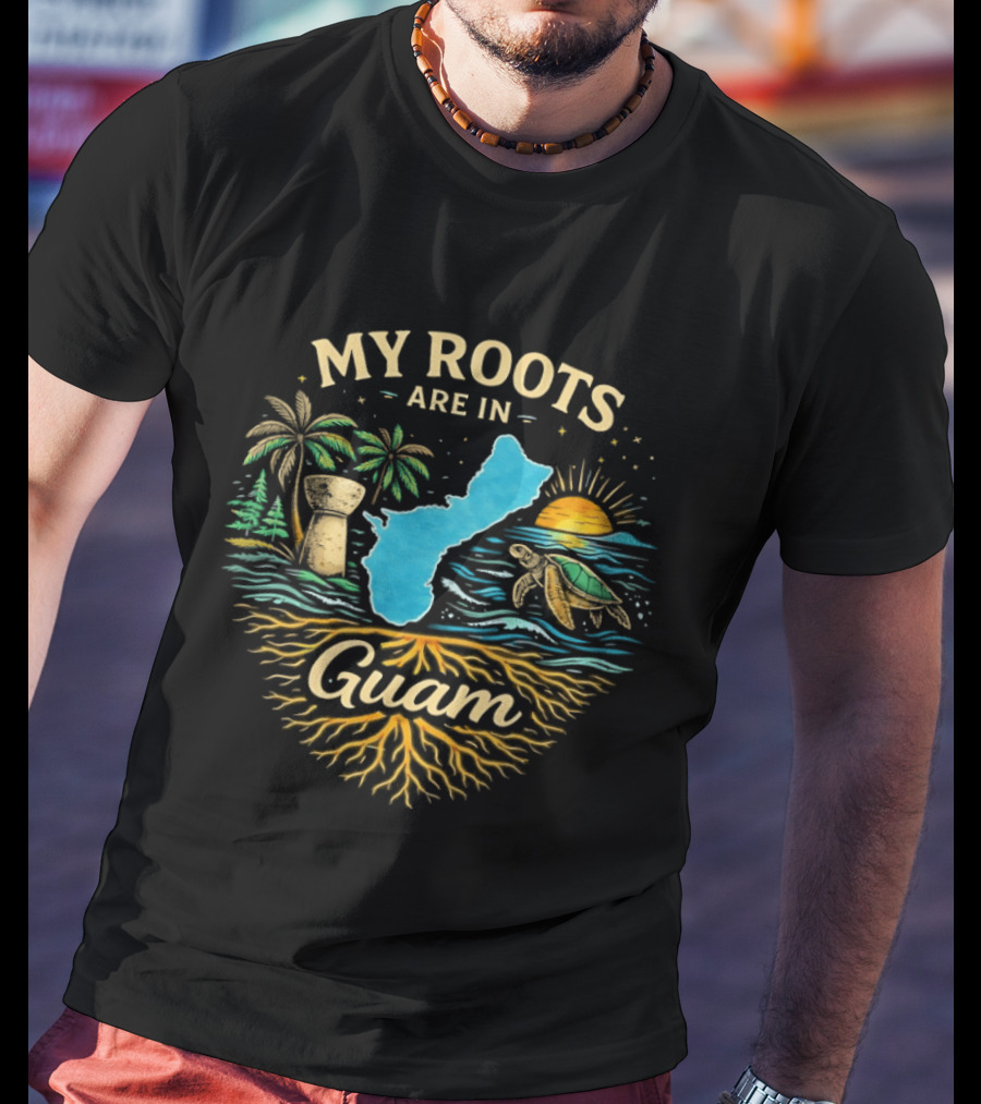 My Roots Are In Guam Chamorro Culture Heritage Turtle Latte Stone Palms Sunset Ocean Map T-Shirt