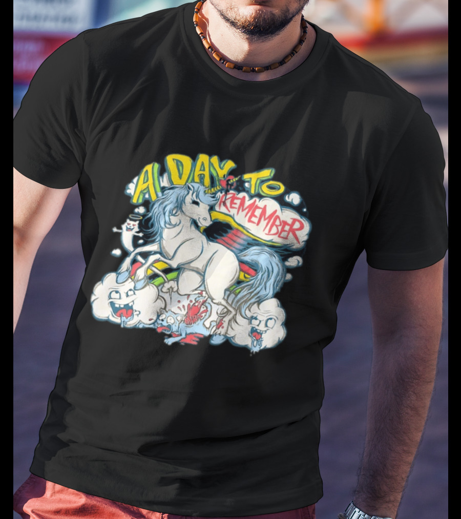 A Day To Remember Unicorn With Colorful Clouds And Characters T-Shirt