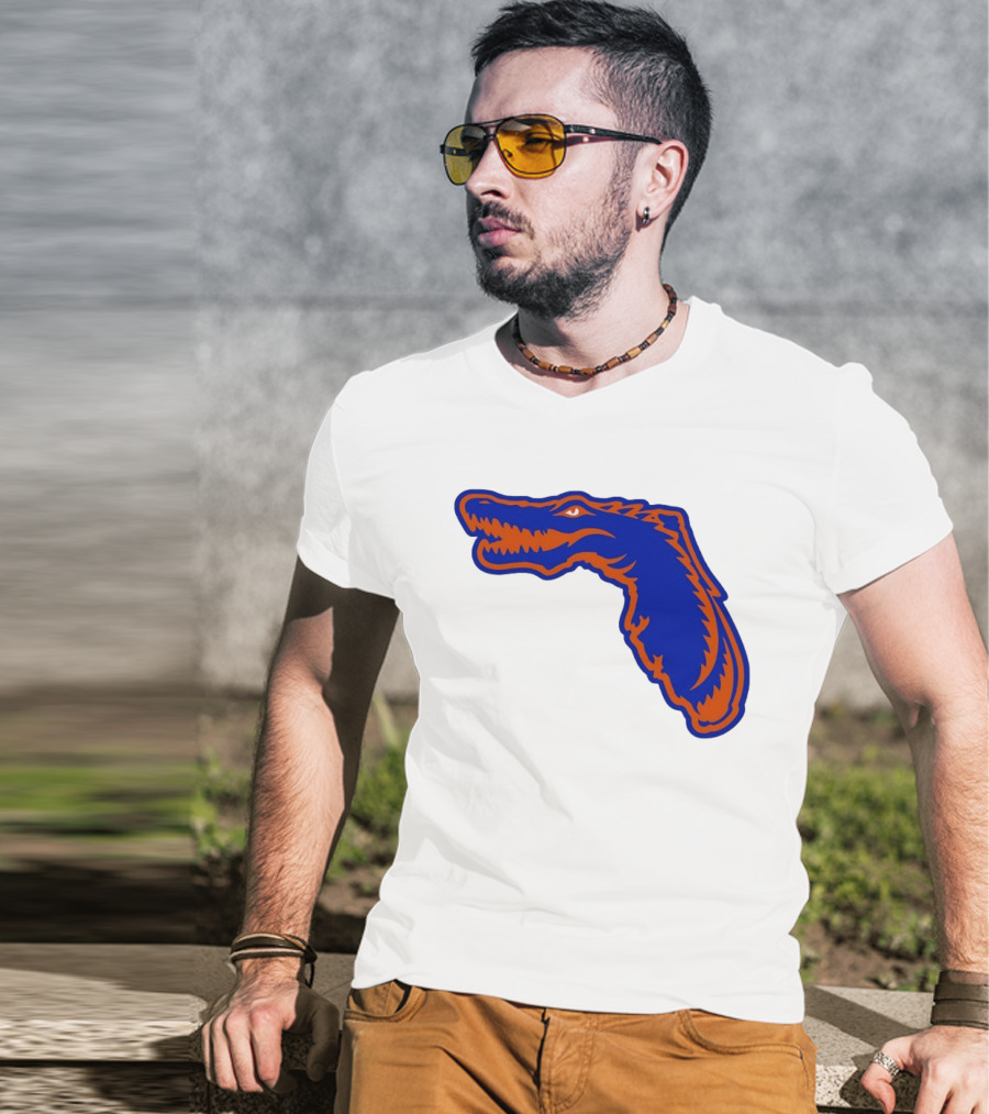 Florida Gators State Shape Blue Orange Gator Map T-Shirt