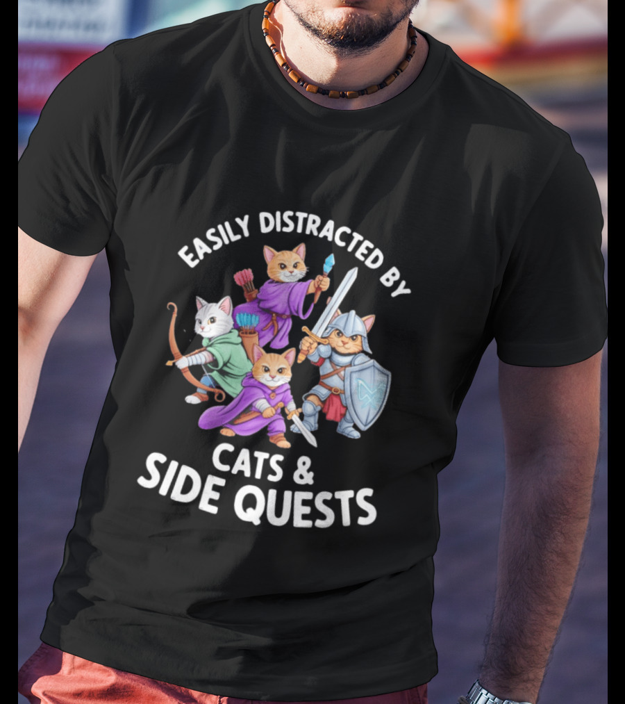 Easily Distracted By Cats And Side Quests Fantasy Theme With Feline Adventurers T-Shirt