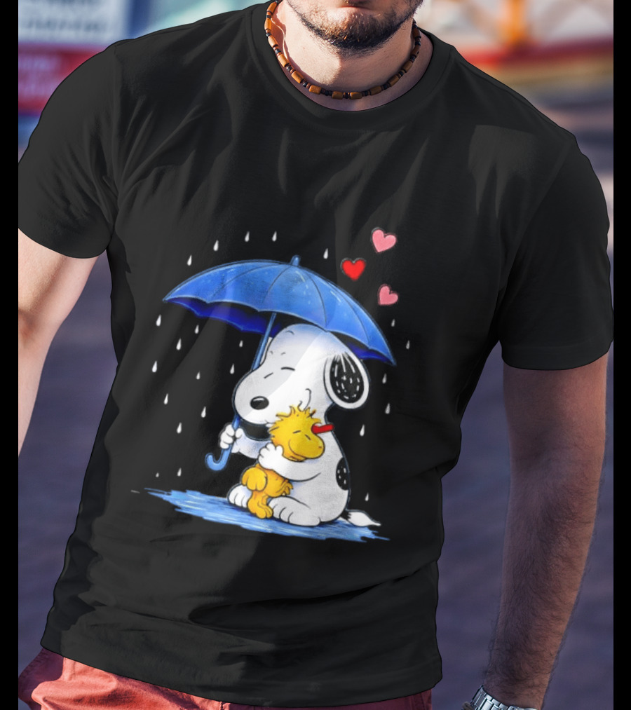 Snoopy Woodstock Umbrella Hearts Rain Hugging T-Shirt