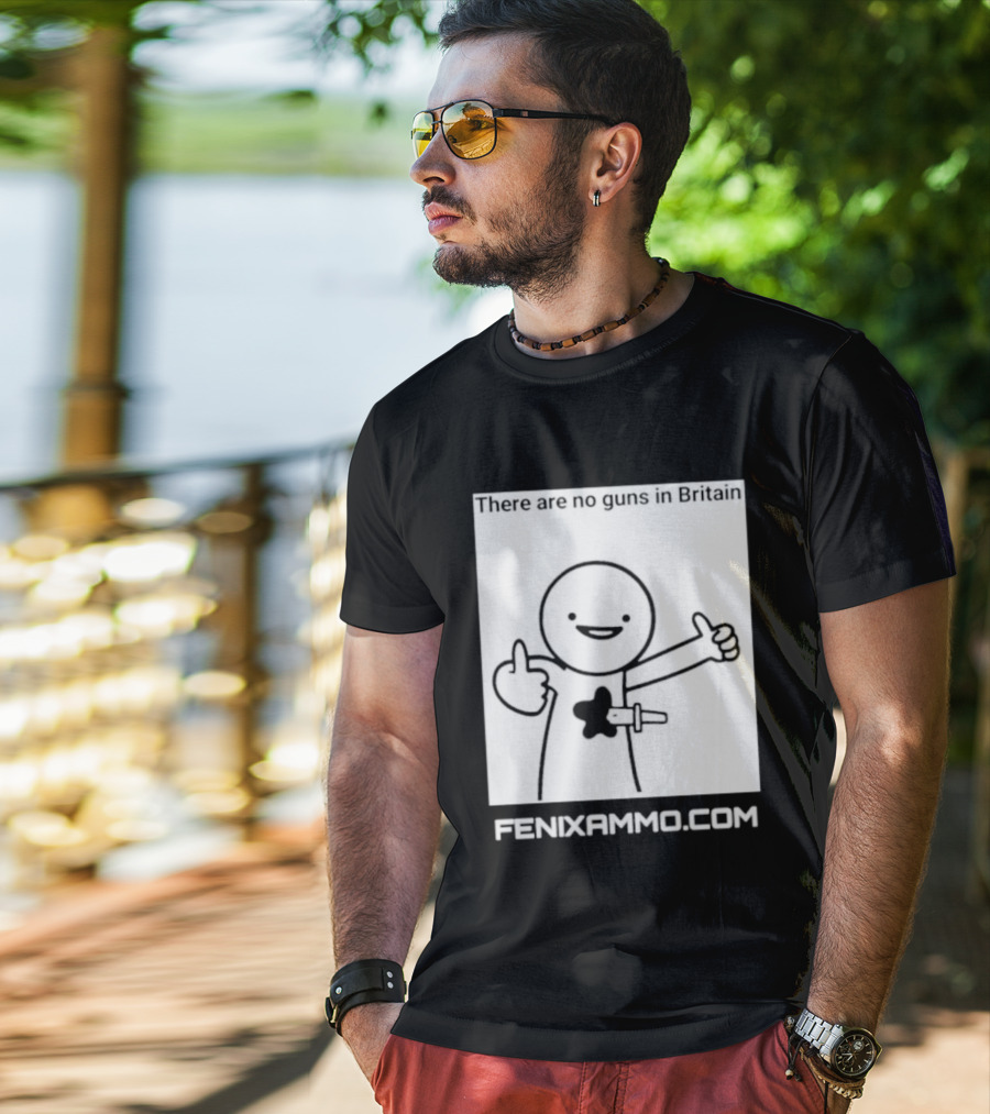 There Are No Guns In Britain Fenixammo Com Happy Character With Gun Hand Gesture T-Shirt