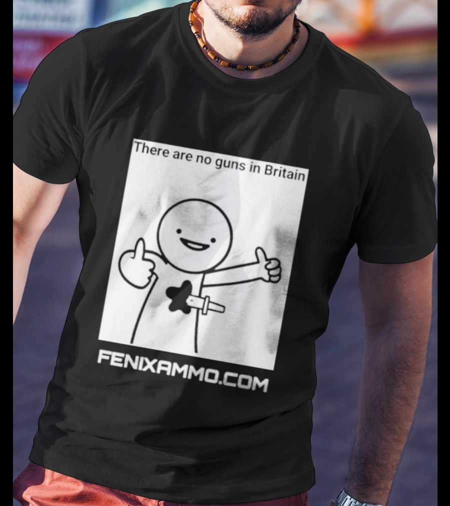 There Are No Guns In Britain Fenixammo Com Happy Character With Gun Hand Gesture T-Shirt