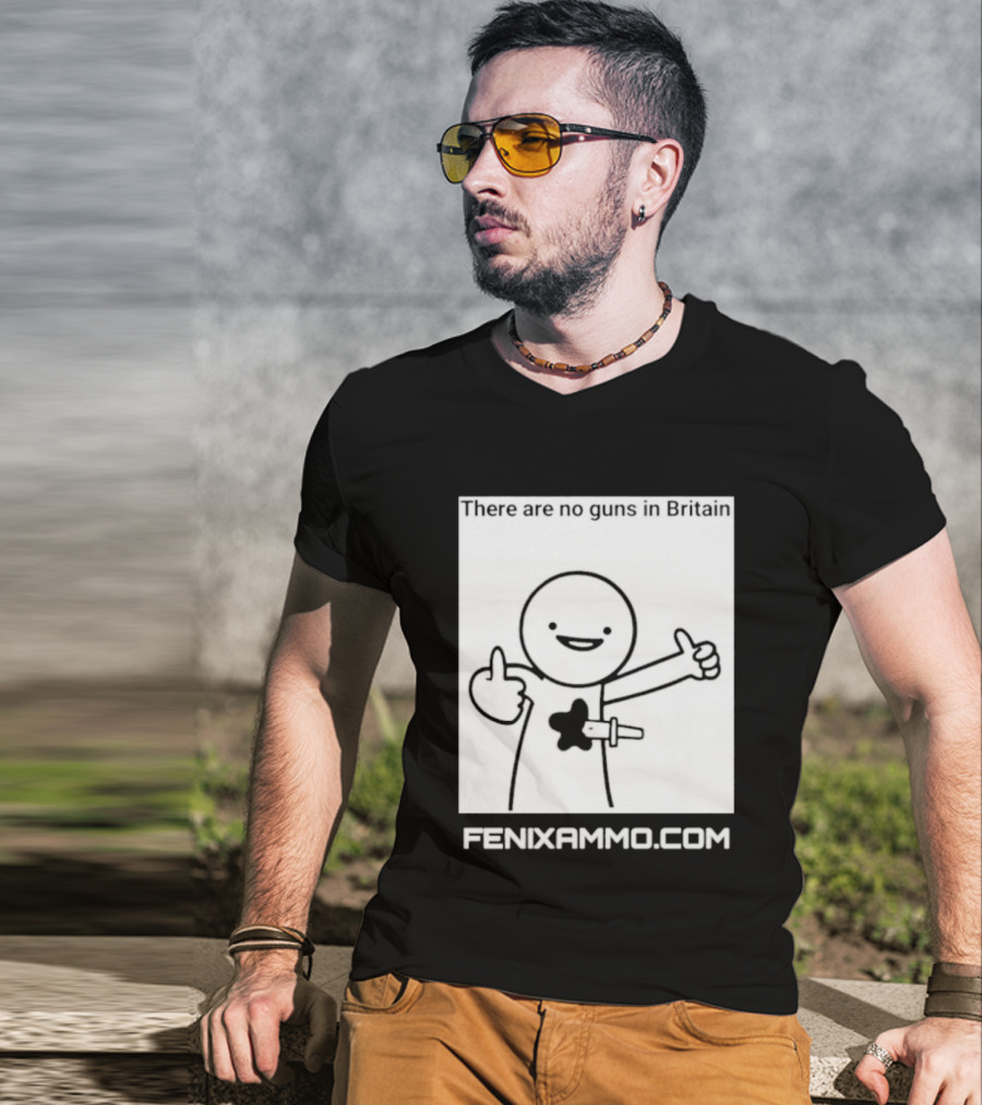 There Are No Guns In Britain Fenixammo Com Happy Character With Gun Hand Gesture T-Shirt