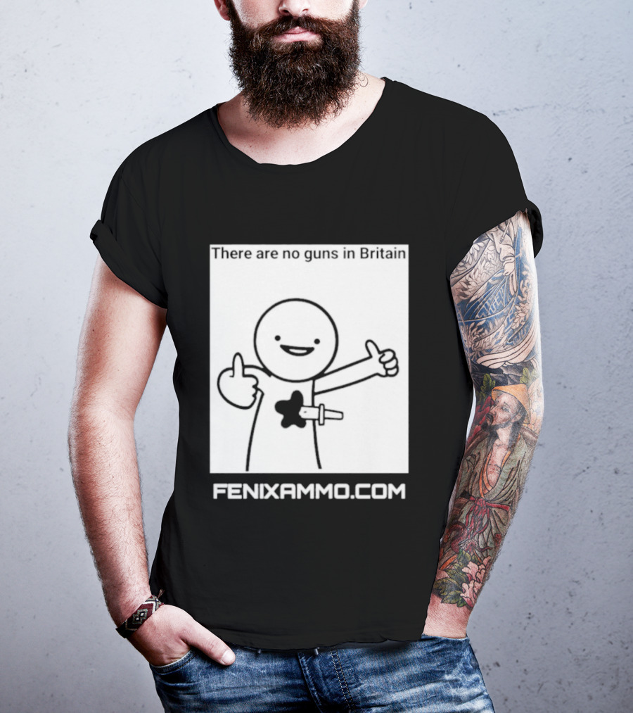 There Are No Guns In Britain Fenixammo Com Happy Character With Gun Hand Gesture T-Shirt
