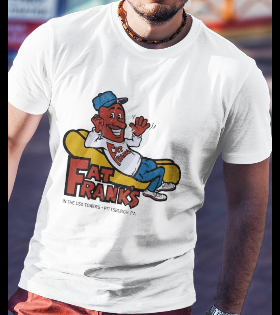 Fat Frank's In The USX Towers Pittsburgh PA Hot Dogs Retro Cartoon T-Shirt