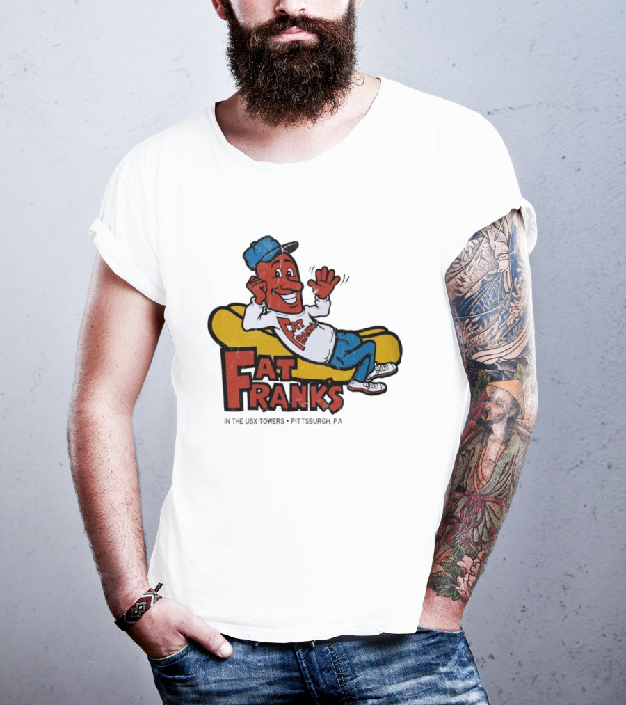 Fat Frank's In The USX Towers Pittsburgh PA Hot Dogs Retro Cartoon T-Shirt
