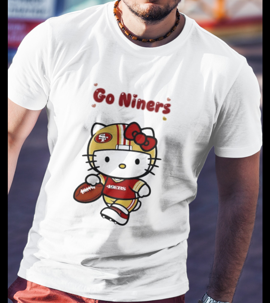 Go Niners SF Oval Gold Helmet Jersey Hello Kitty Football Bow T-Shirt