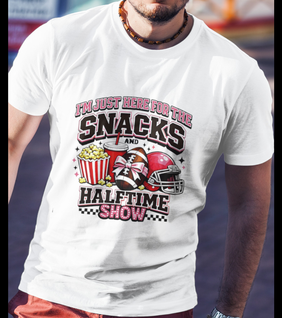 I'm Just Here For The Snacks And Halftime Show Football Popcorn Pink Coquette T-Shirt