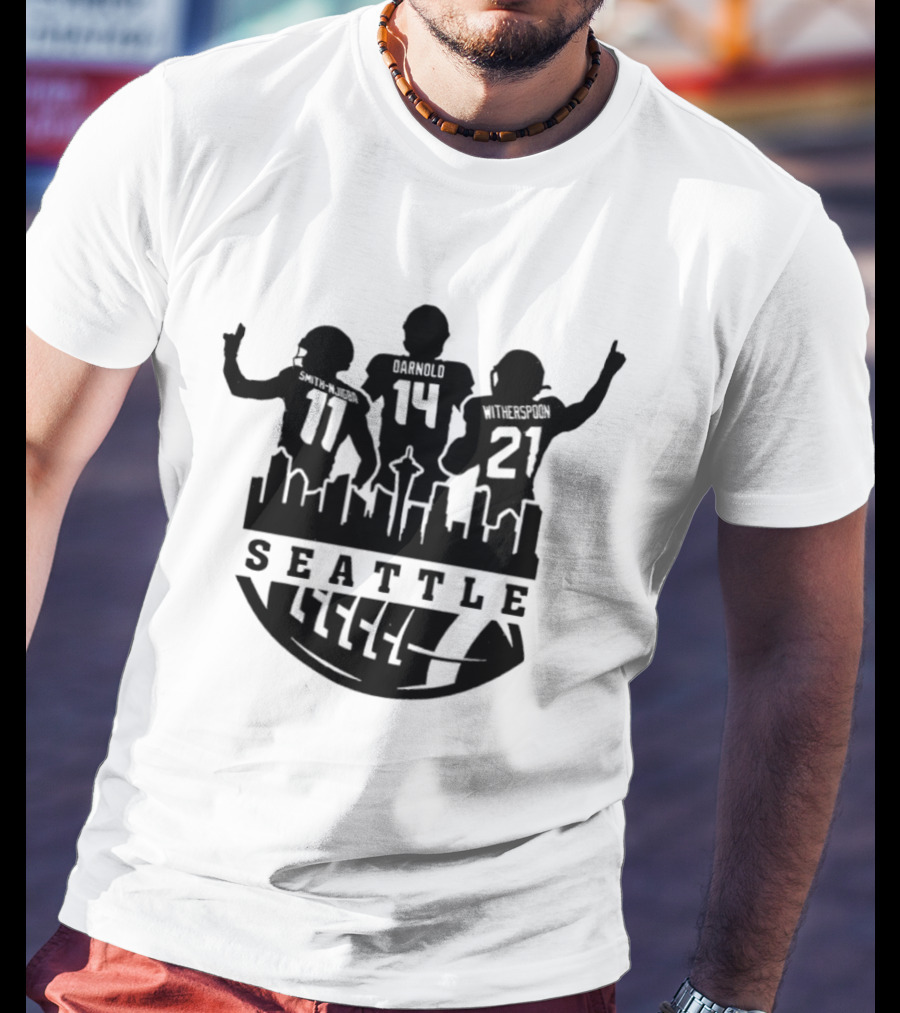 Seattle Seahawks Sam Darnold Jaxon Smith Njigba Devon Witherspoon NFC 2026 Football Skyline T-Shirt