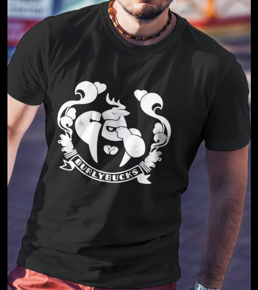 Burlybucks Muscular Deer Drinking Coffee Crest T-Shirt