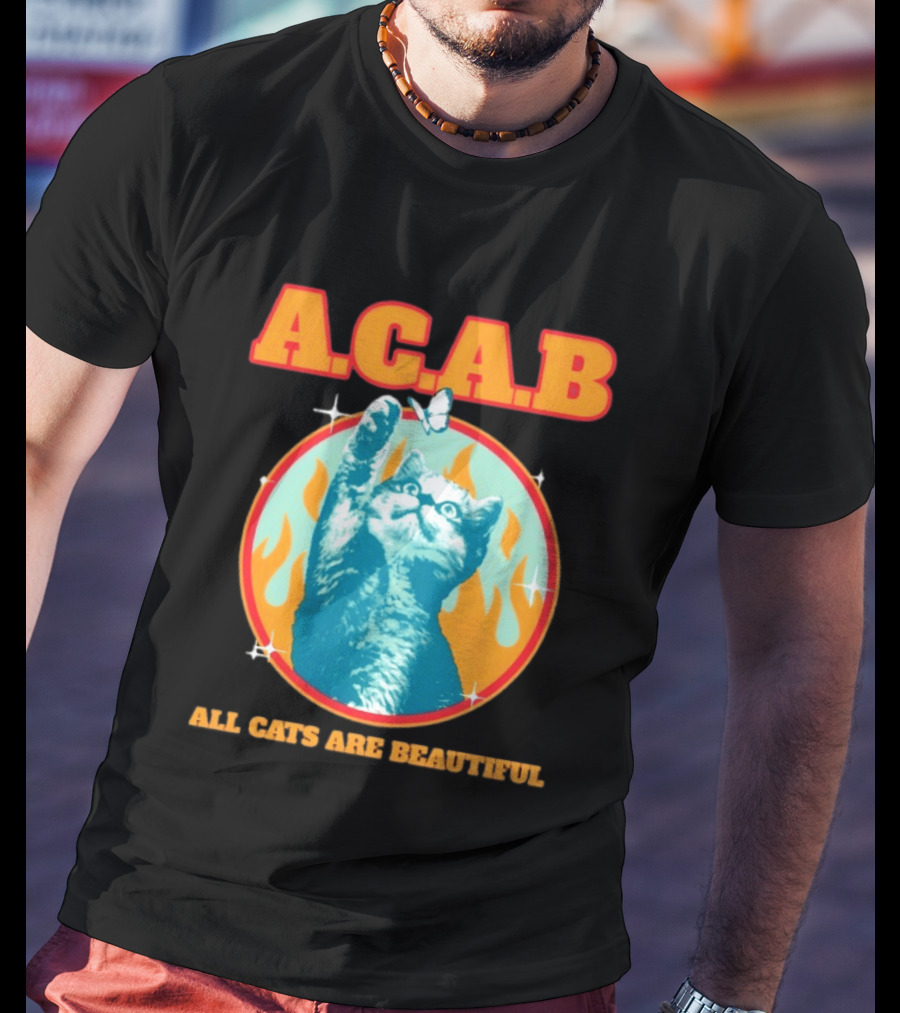 A.C.A.B Cat With Butterfly And Flames T-Shirt