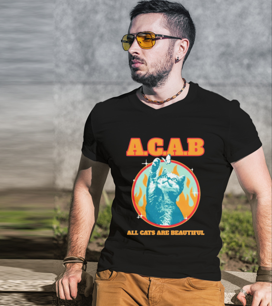 A.C.A.B Cat With Butterfly And Flames T-Shirt