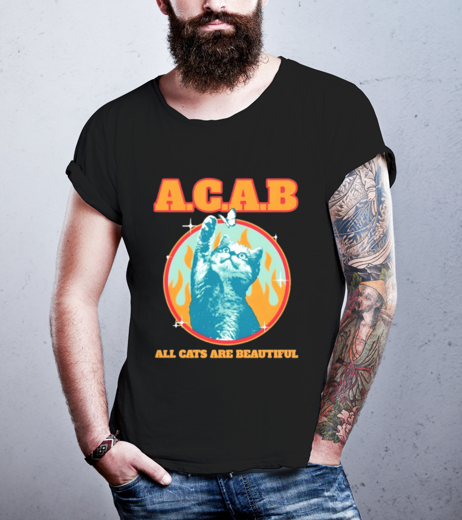 A.C.A.B Cat With Butterfly And Flames T-Shirt