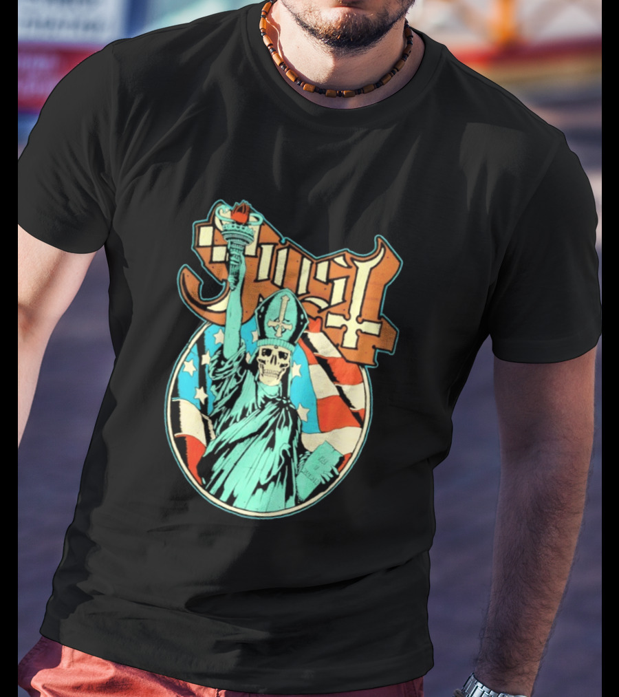 Ghost Statue Of Liberty Skeleton Torch Metal Band T-Shirt