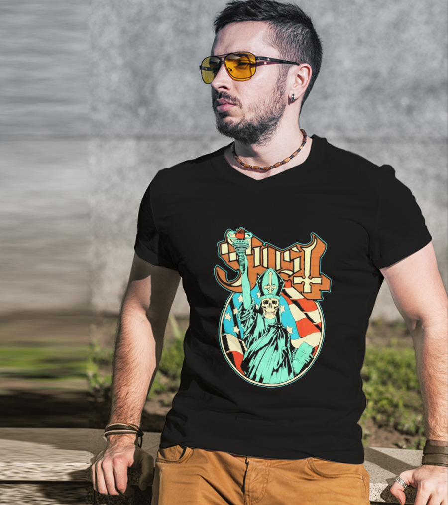 Ghost Statue Of Liberty Skeleton Torch Metal Band T-Shirt
