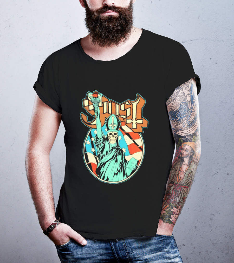 Ghost Statue Of Liberty Skeleton Torch Metal Band T-Shirt