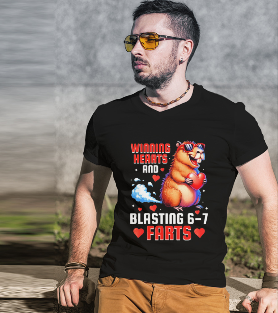 Winning Hearts And Blasting 6 7 Farts Capybara Valentine's Day T-Shirt