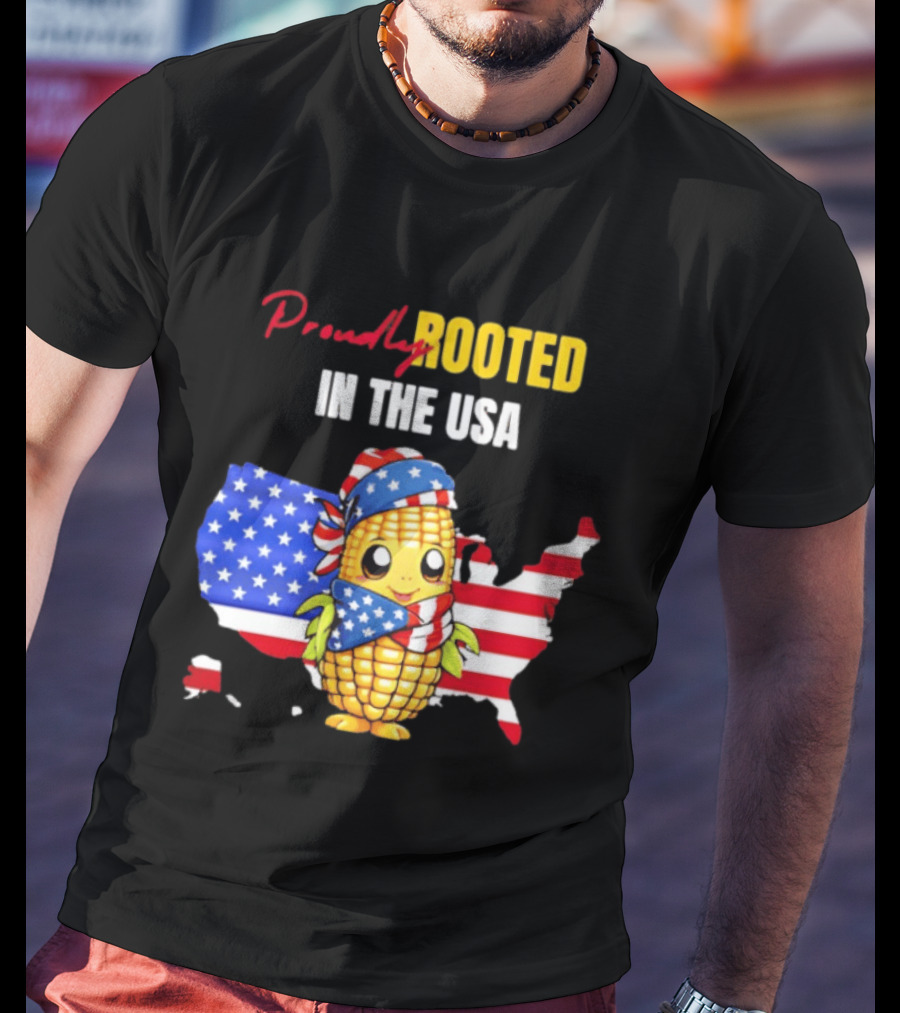Proudly Rooted In The USA Corn American Flag Map T-Shirt