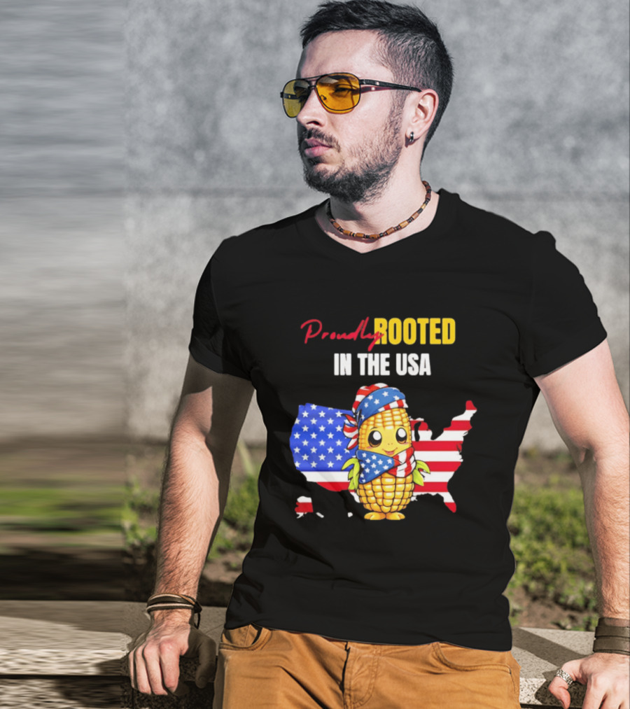 Proudly Rooted In The USA Corn American Flag Map T-Shirt