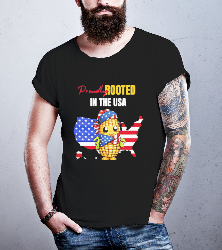 Proudly Rooted In The USA Corn American Flag Map T-Shirt
