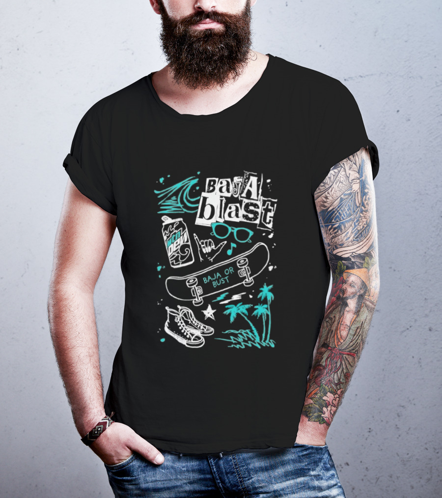 Mountain Dew Baja Blast Skateboard Surf Vibes Ocean Palms Adventure T-Shirt