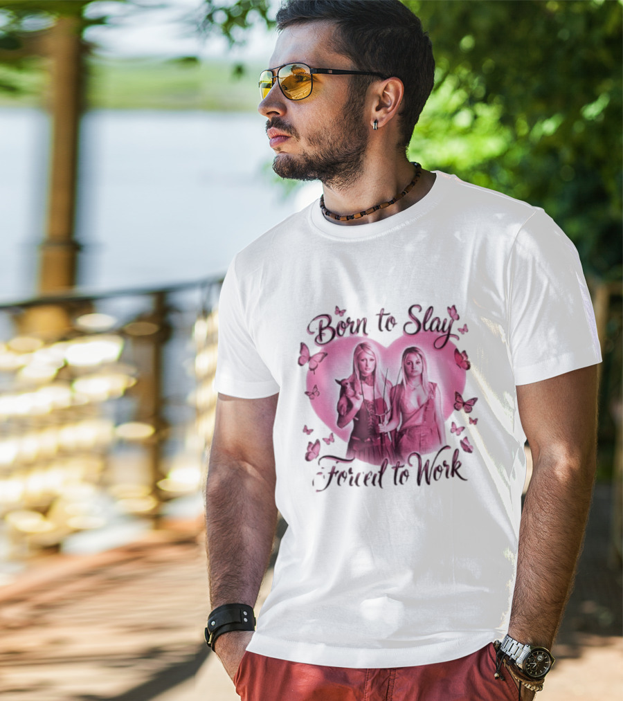 Paris Hilton Và Nicole Richi Born To Slay Forced To Work Heart Shape Butterfly Aesthetic T-Shirt