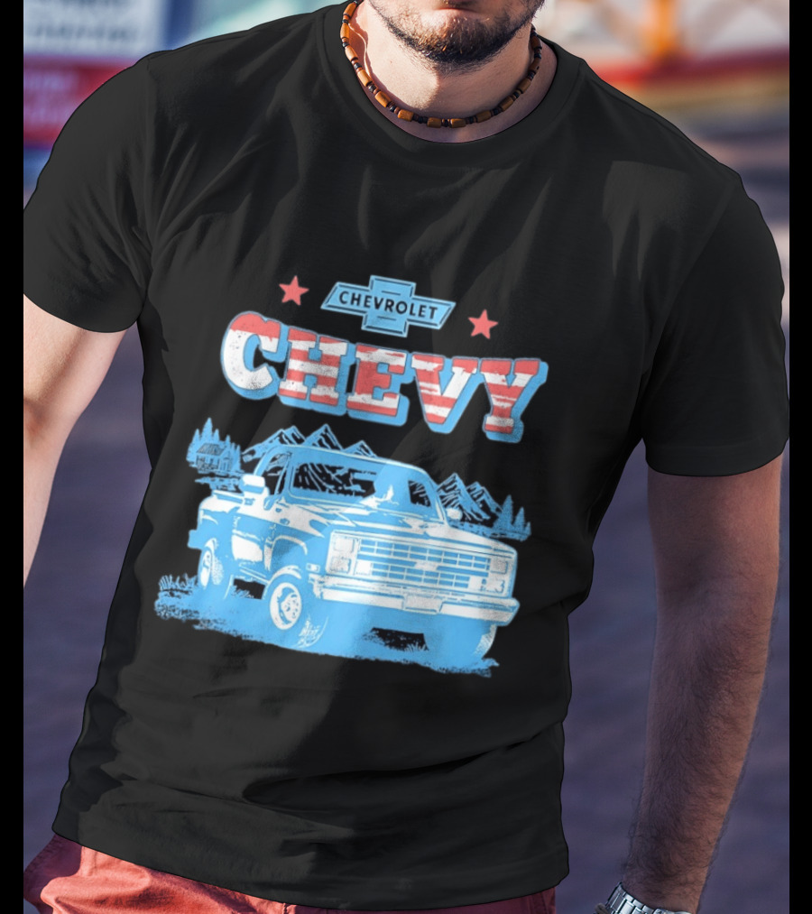 Chevy Chevrolet Truck Vintage Stars And Stripes Retro Mountain Scene T-Shirt