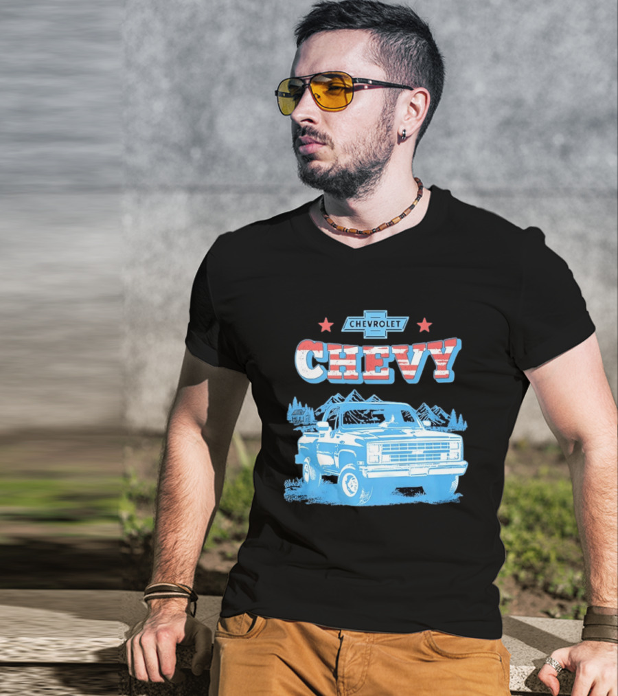 Chevy Chevrolet Truck Vintage Stars And Stripes Retro Mountain Scene T-Shirt