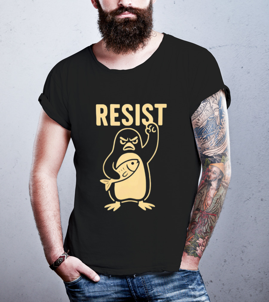 RESIST Angry Penguin Holding Fish T-Shirt