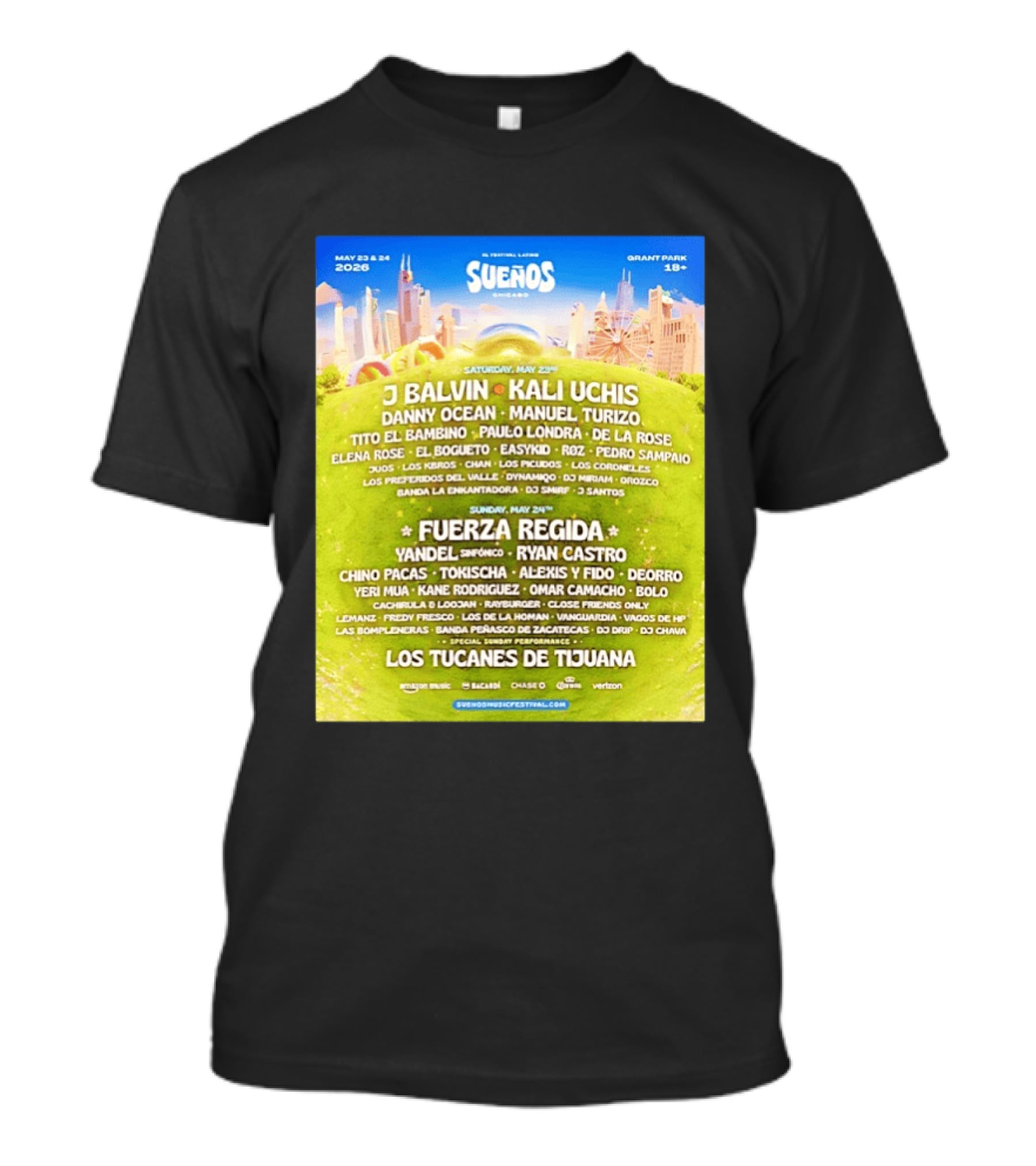 Suenos Chicago 2026 Festival Latino Full Lineup J Balvin Kali Uchis Fuerza Regida Grant Park May 23 24 T-Shirt