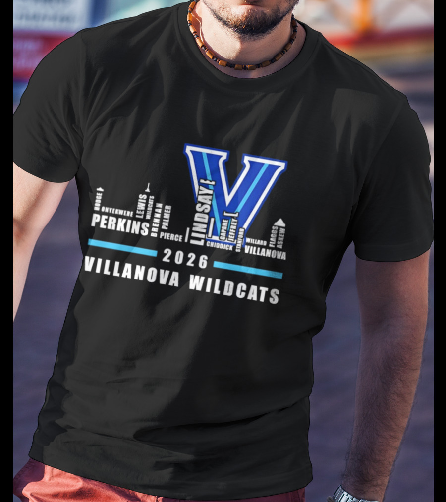 2026 Villanova Wildcats V With City Skyline And Player Names T-Shirt