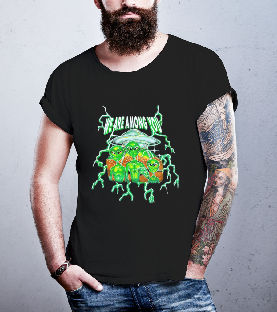 We Are Among You Alien UFO Electric Green Extraterrestrial Scene T-Shirt