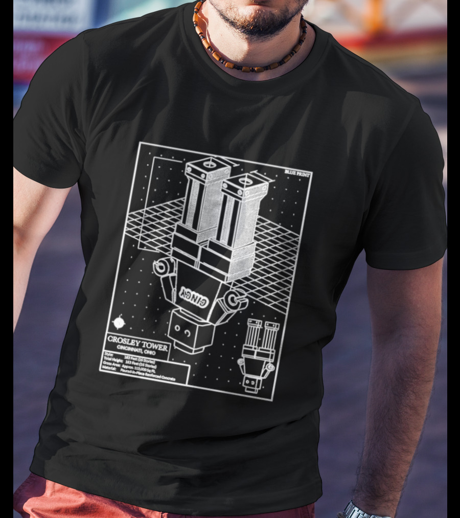 Crosley Tower Blueprint Cincinnati Ohio Robot Schematic T-Shirt