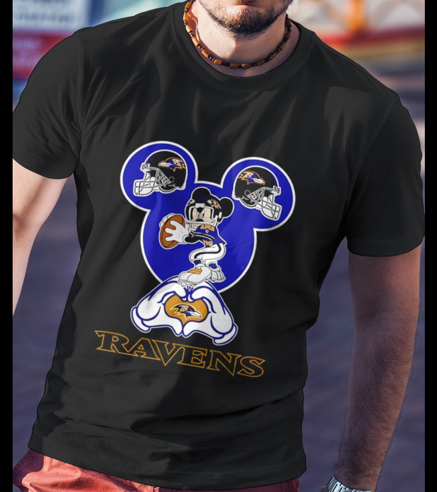 Baltimore Ravens Mickey Mouse Heart Hands Football Helmets T-Shirt