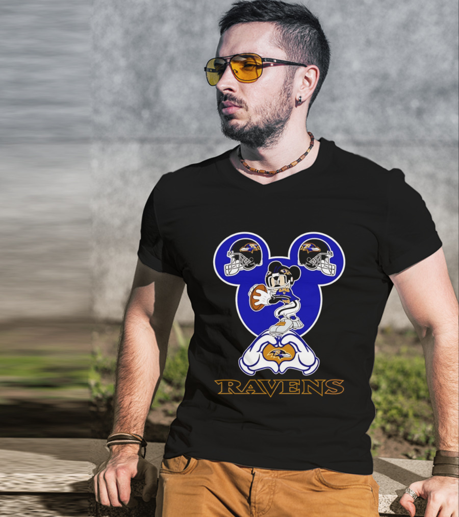 Baltimore Ravens Mickey Mouse Heart Hands Football Helmets T-Shirt