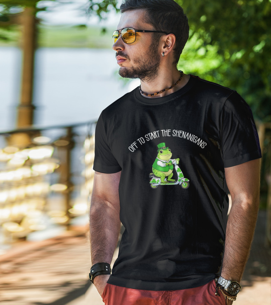 Off To Start The Shenanigans Frog Scooter St. Patrick's Day T-Shirt