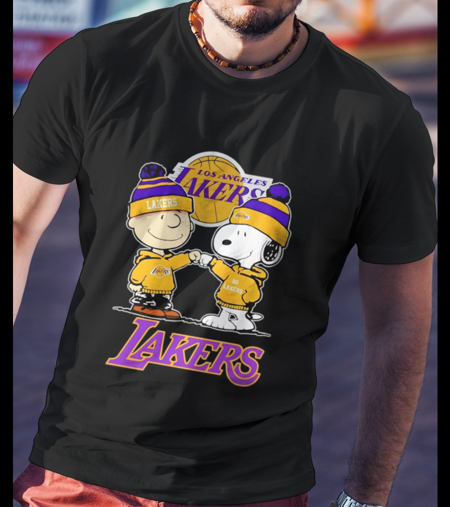 Charlie Brown Snoopy Fist Bump Los Angeles Lakers Basketball Fan Gear T-Shirt