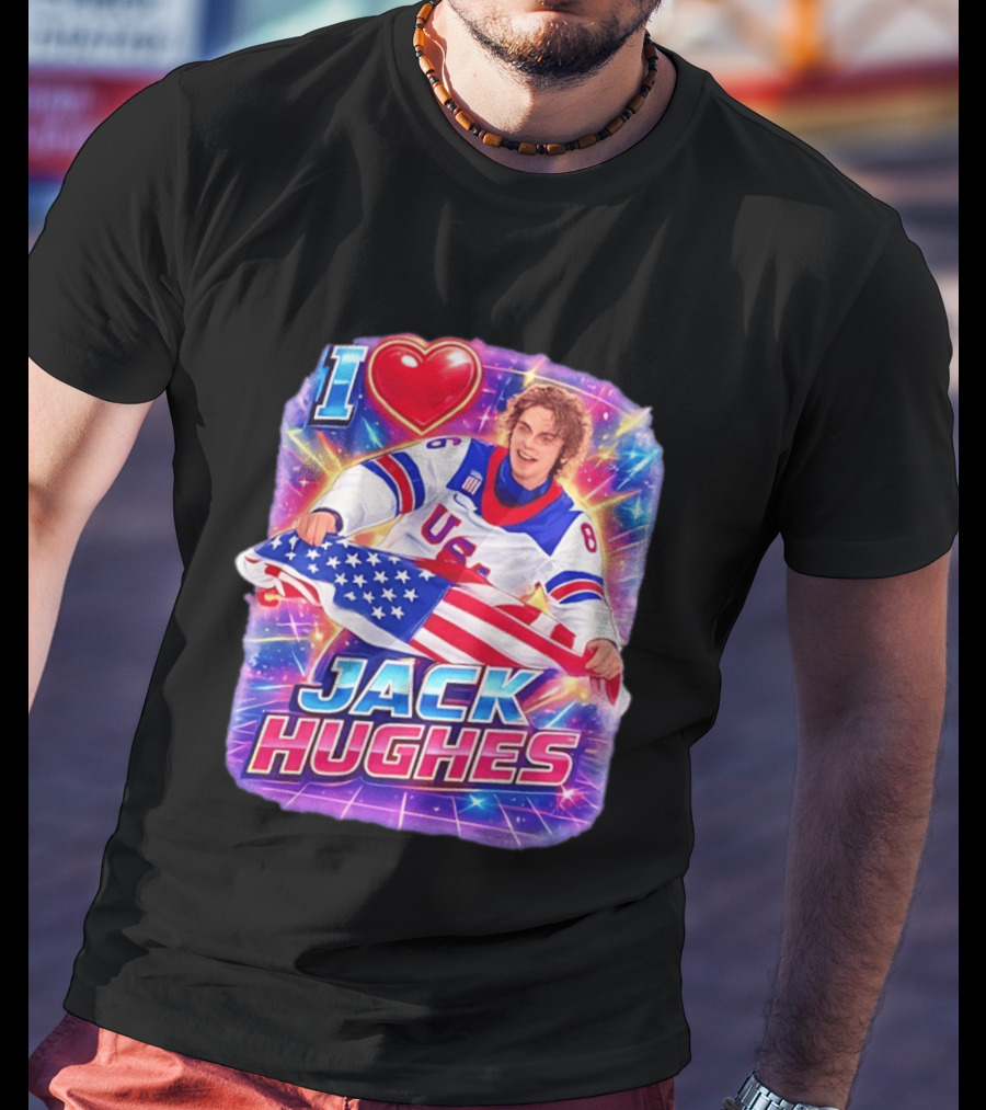 I Love Jack Hughes USA Hockey Flag Celebration T-Shirt